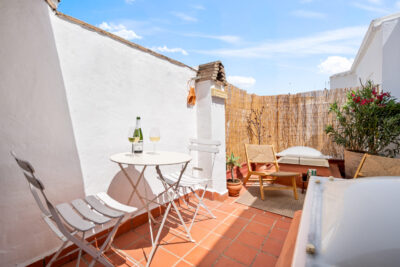 Airbnb Estepona prive zonnig dakterras met lounge hoek, zithoek, planten en kleed.